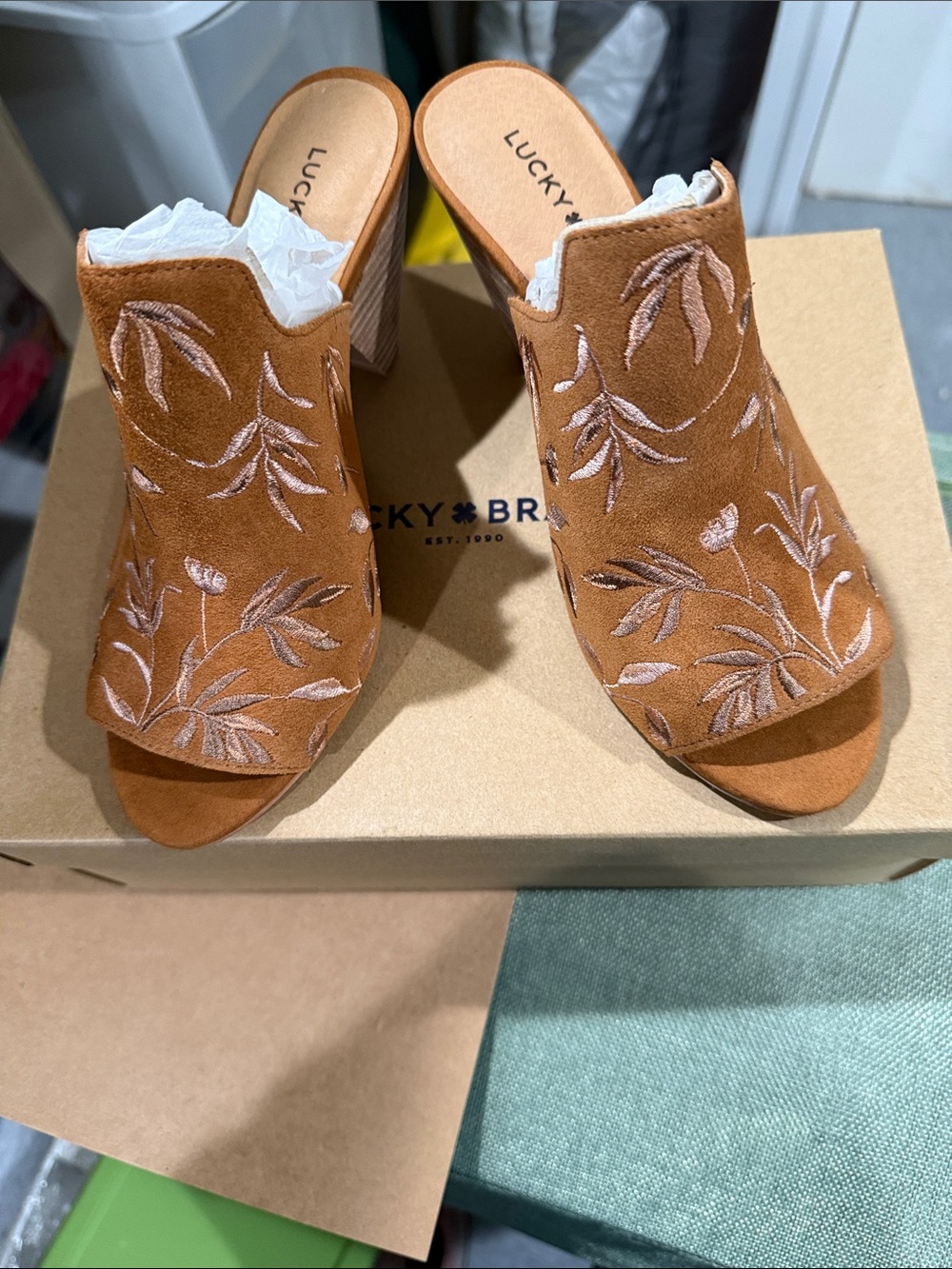 Lucky Brand Brown Suede Embroidered Open-Toe Block Heel Mules